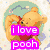 A cartoon bear with a red shirt appears in multiple poses and backgrounds, each overlaid with 'i love pooh' text on colored blocks.