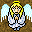 Pixelated angel with blonde hair, yellow halo, and light blue wings in a of 18 variations showing different wing sizes against brown background