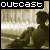nine identical pixelated images showing two figures seated together, with the word 'outcast' displayed above each image in a pixelated font