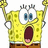 Pixelated yellow sponge character with wide blue eyes, open mouth, and raised arms, wearing brown shorts with white trim.