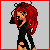 Pixel art contact sheet showing a red-haired character in various poses with text elements, arranged in a 3x3 grid on gray background.