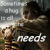 A woman hugs a child in a striped shirt beneath text reading 'Sometimes a hug is all she needs' with heart symbols appearing and disappearing.