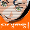 Anime-style character face with green eyes and black hair on orange background, text 'anime' visible below.