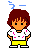 Pixel art character with brown hair and orange skin in white shirt with pink dots and yellow pants, shown in six variations with different poses and one red text character.