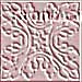 A static square image with a pinkish background featuring intricate white and dark red swirling patterns resembling stylized floral or abstract designs.