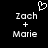 Pixelated white text on black background shows 'Zach + Marie' with a heart symbol above, two identical versions side-by-side.