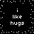 Black background with white pixelated text 'i like hugs' repeated in four quadrants, surrounded by scattered white dots forming a border.