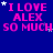 Blue background with repeated pink text "I LOVE ALEX SO MUCH" and scattered white stars, some of which move across the frame.