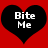 Two black heart shapes on a red background with white text reading "Bite Me" in pixelated font.