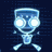 Animated contact sheet showing five sequential frames of a glowing blue cartoon robot character against a dark grid background, with visible animation changes across sampled frames.