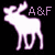 Animated icon of a moose with glowing outlines in purple, white, and green hues against black backgrounds, each frame displaying 'A&F' text.