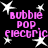 Black background with white star shapes and pink text reading 'bubble pop electric' in pixelated font, arranged in a pattern