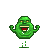 Green pixelated character with yellow eyes, open mouth showing red tongue and white teeth, raised arms against gray background.