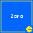 Four blue squares with yellow borders each contain white text 'Zara' and a yellow Pac-Man icon at the bottom-right corner.