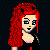 Pixel art of a red-haired figure with blue eyes, wearing black clothing and a red cross symbol on the chest, standing against dark background.