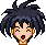 Pixel art head with spiky dark hair, light skin, pink cheeks, and red mouth in six distinct facial expressions on gray background.