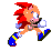 Pixelated character with red spiky hair, blue shoes with yellow accents, and white gloves in multiple running poses against a plain background.