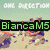 Pixelated beach scene with people running on sand, overlaid text 'BiancaM5' in green, top text 'ONE BULLET FISH' in white, and '1D' in purple on a group photo below.