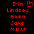 Red pixel text on black background lists names with a heart symbol above the first name, displayed in two identical vertical