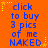 Static orange background with blue pixelated text reading 'click to buy 3 pics of me NAKED' repeated six times in a , surrounded by yellow star and dot decorations