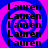 A static image with repeated text 'Lauren' over a blue and pink spiral background.