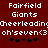 Red background with white pixelated text reading 'Fairfield Giants', 'Cheerleading', 'oh'seven<3', and five black star icons with one brown star.