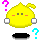 Two yellow cartoon characters with orange cheeks, gray-and-white hands, and black bases stand side-by-side against a gray background; question marks change color between frames.