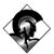 Black and white pixelated icon with diamond-shaped border containing abstract swirling pattern and central bright spot.