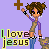 Pixel art of a character with curly brown hair in two buns, wearing a purple and beige shirt and blue pants, holding a brown cross above their head with one hand and a small brown dog with purple accents in the other, standing on a light purple background with "I love jesus" text below.