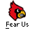 Two identical pixel art cardinal icons with yellow beaks and black eyes, each labeled "Fear Us" below, displayed on a gray background alongside red and black text promoting badassbuddy.com.