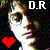 Pixelated image with two figures, one holding a guitar and the other with a red heart symbol; white text 'D.R' at top center.