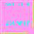Four pink square with yellow borders display cyan text 'love is 4' and 'SQUARES', with one containing a yellow heart and another a yellow starburst