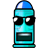 Pixelated blue-tinted character with black sunglasses, blue dome top, and rectangular mouth opening, shown in two states with mouth shape differences.