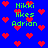 Blue background with red pixelated hearts and green text reading "Hikki likes Adrian" in multiple positions.