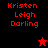 Pixelated red text 'Kristen Leigh Darling' on black and red backgrounds with two star icons, one red and one black.