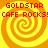 Four identical yellow-orange spiral patterns with red text reading "GOLDSTAR CAFE ROCKS!" arranged in a on a solid background