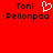 Red background with black pixelated text "Toni Pellonpaa" on left and right, white heart symbol between them.