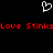 A black background displays a white pixelated heart symbol above red pixelated text reading "Love StinksLove Stinks".