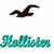 Animated sequence showing a dark brown bird silhouette in flight above teal cursive text reading 'Hollister' on white background.
