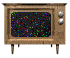 Six identical vintage television sets arranged in two , each displaying static noise with scattered colored pixels