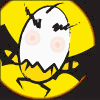 Yellow circular icon with cracked white face, black jagged lines, pink blush marks, and a yellow background.