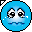 Four identical blue circular pixel art faces with large eyes and downturned mouths arranged in a on gray background