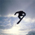 Pixelated black silhouette of a figure in mid-air against a light blue and white gradient background with visible dithering and anti-aliasing effects.