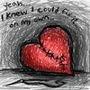 A pixelated red heart with a cracked surface rests against a gray, textured background with handwritten text above it.