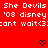 Red background with white pixelated text repeating 'She Devils', '08 disney', and 'cant wait<3' across three , two black heart symbols at bottom center-right