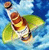 Pixelated image of a bottle with green wings against blue sky background, showing brown cap and yellow label details.