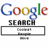 Google logo with 'SEARCH' text and two search boxes, one containing 'Coolest People Alive' and the other 'Zoe and Alyssa' below.