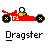 Pixel art of a red race car with 'F1' text, black wheels featuring yellow X patterns, and a driver in white helmet and yellow suit against gray background.