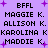 Purple background with black text listing names and 'BFFL' surrounded by small purple star shapes.