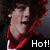 A four- shows a person with curly dark hair in red and black clothing, displaying text overlays 'Hot!' and '<3'